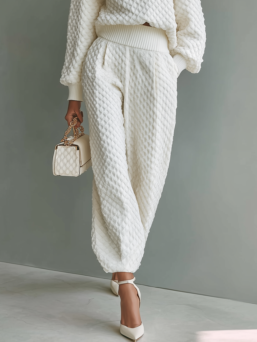 Women's White Top And Wide-leg Pants Knitted Set