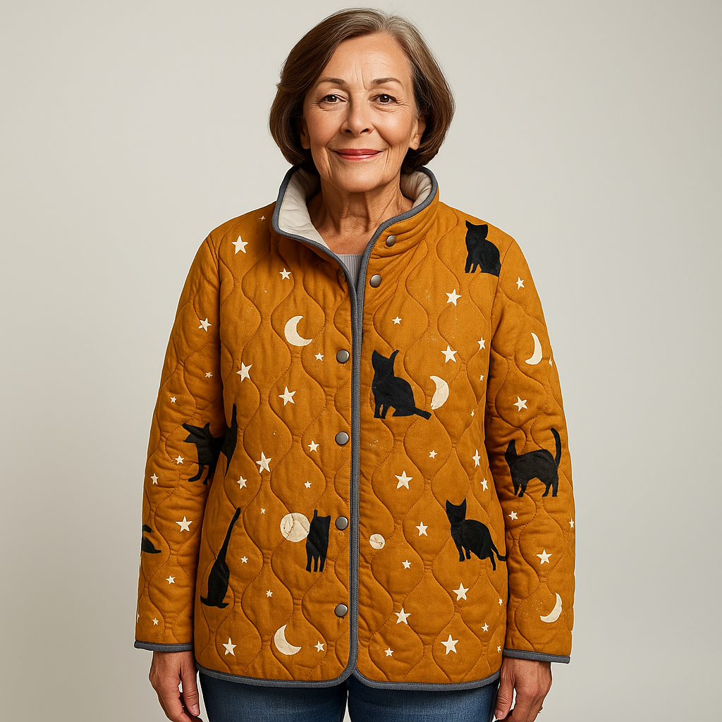 Elle | Casual Quilted Jacket with Black Cat Halloween Print