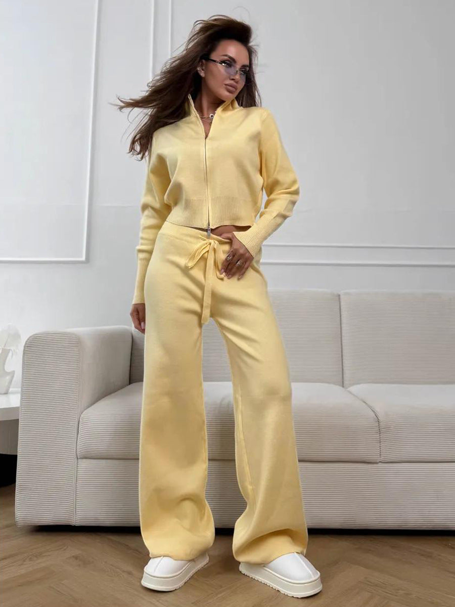 Knit 2 Piece Set – Drawstring Wide Leg Pants with Zip Jacket Top