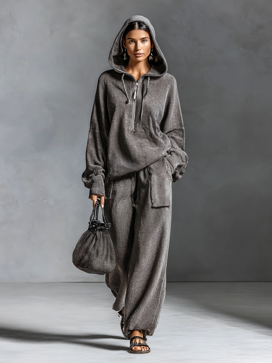 Women's Casual Corduroy Hooded Sweatshirt Straight Pants Set