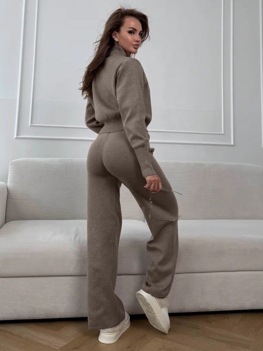 Knit 2 Piece Set – Drawstring Wide Leg Pants with Zip Jacket Top