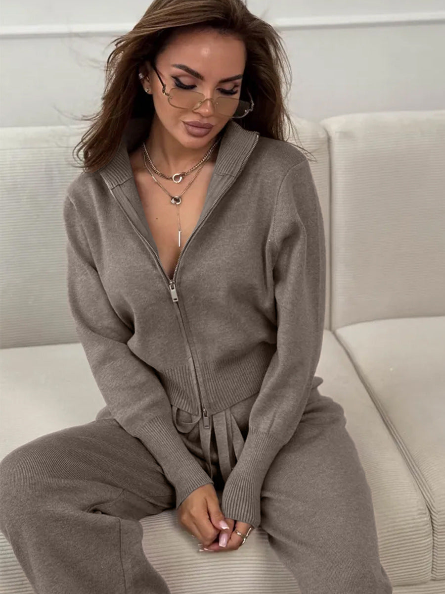 Knit 2 Piece Set – Drawstring Wide Leg Pants with Zip Jacket Top