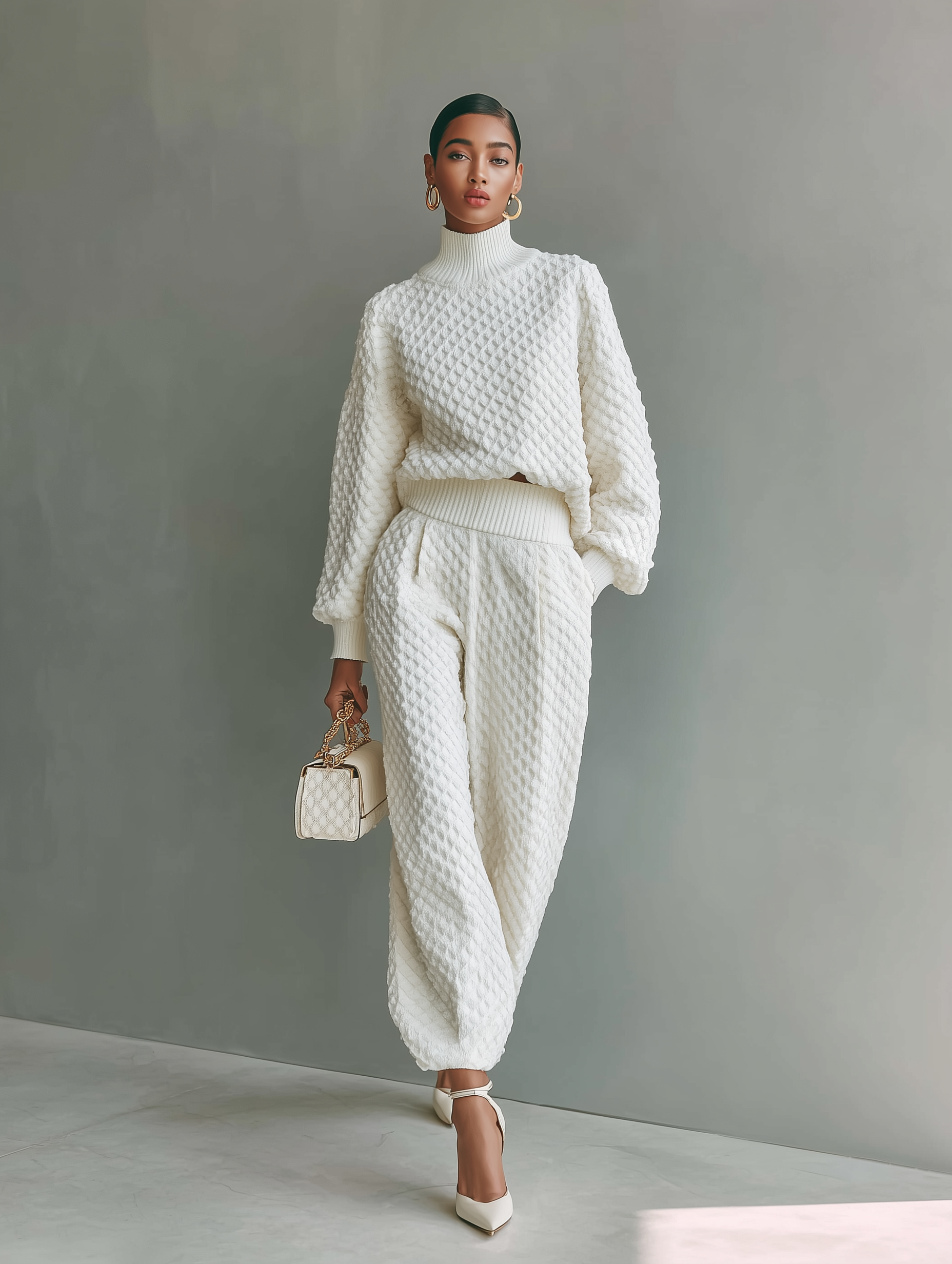 Women's White Top And Wide-leg Pants Knitted Set