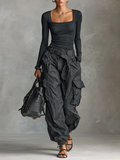 Square Neck Long Sleeve T-Shirt Cargo Pants Two-Piece Set