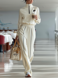 Casual Ribbed Trim Zipper Turtleneck Sports Set
