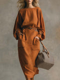 Orange Crew Neck Top and Pocket Maxi Skirt Suede Set