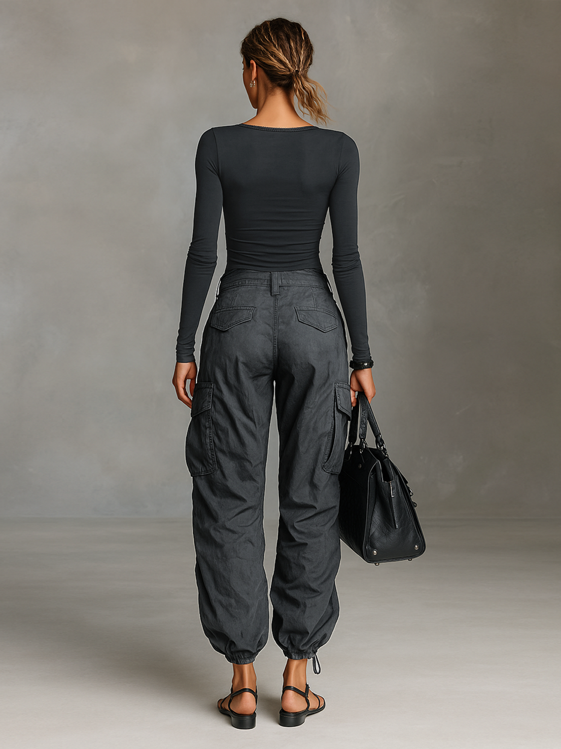 Square Neck Long Sleeve T-Shirt Cargo Pants Two-Piece Set