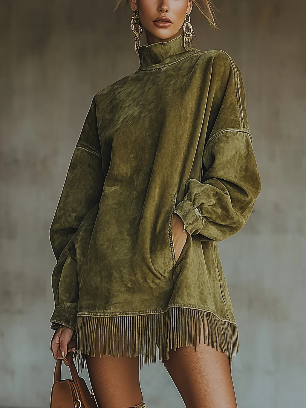 Amalia | Suede dress with high neck and fringes