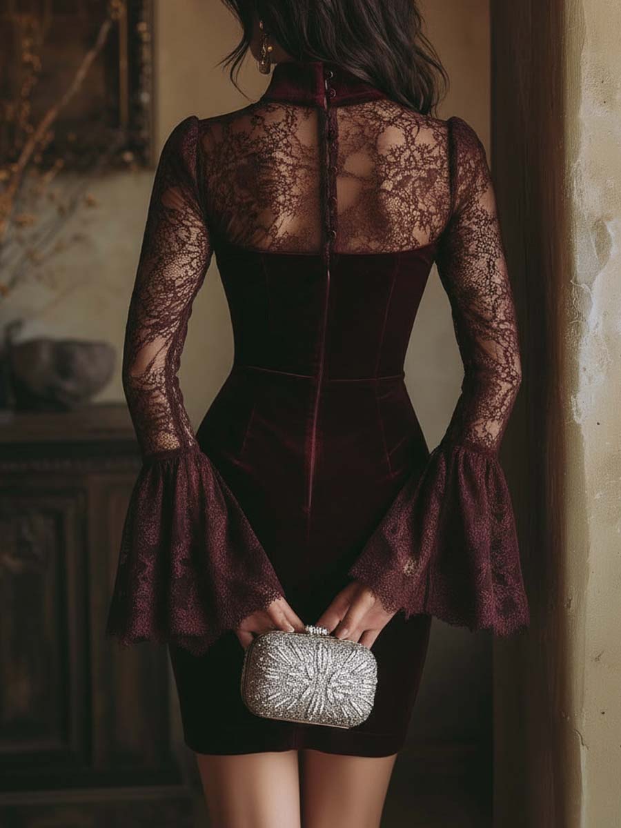 Velvet & Lace Bodycon Mini Dress In Burgundy