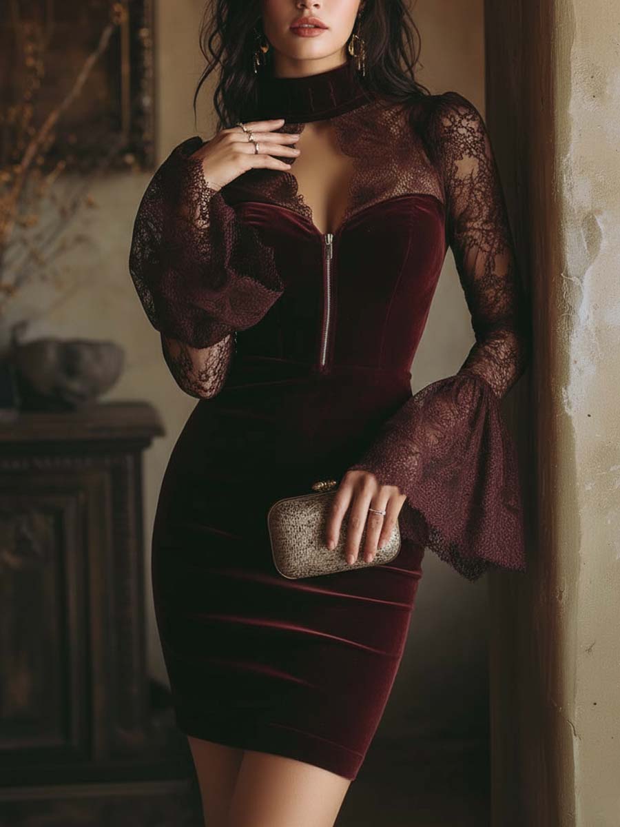 Velvet & Lace Bodycon Mini Dress In Burgundy