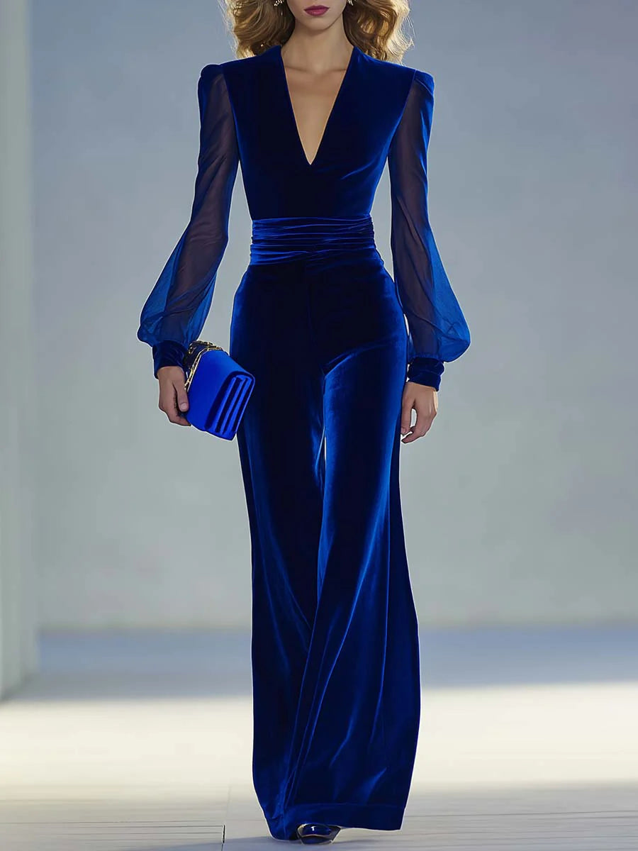 Sabrina™ - Long velvet jumpsuit with V-neck and long mesh sleeves, elegant and retro