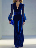Sabrina™ - Long velvet jumpsuit with V-neck and long mesh sleeves, elegant and retro