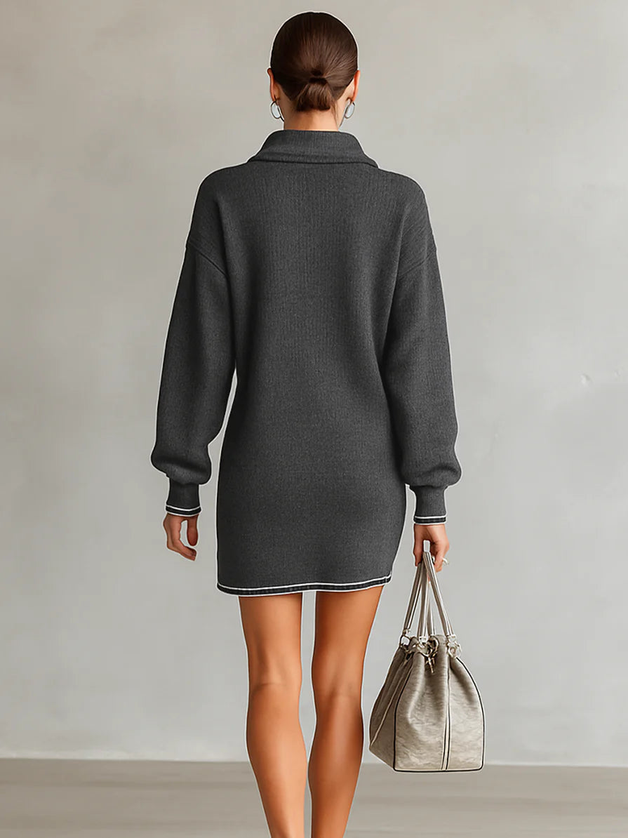 Fashion Loose Knit White Trim Zipper Polo Neck Mini Dress