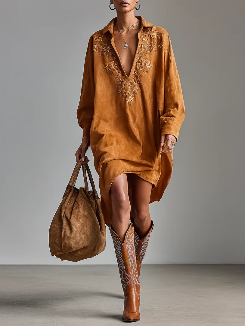 Loose lapel V-neck printed long-sleeved midi dress