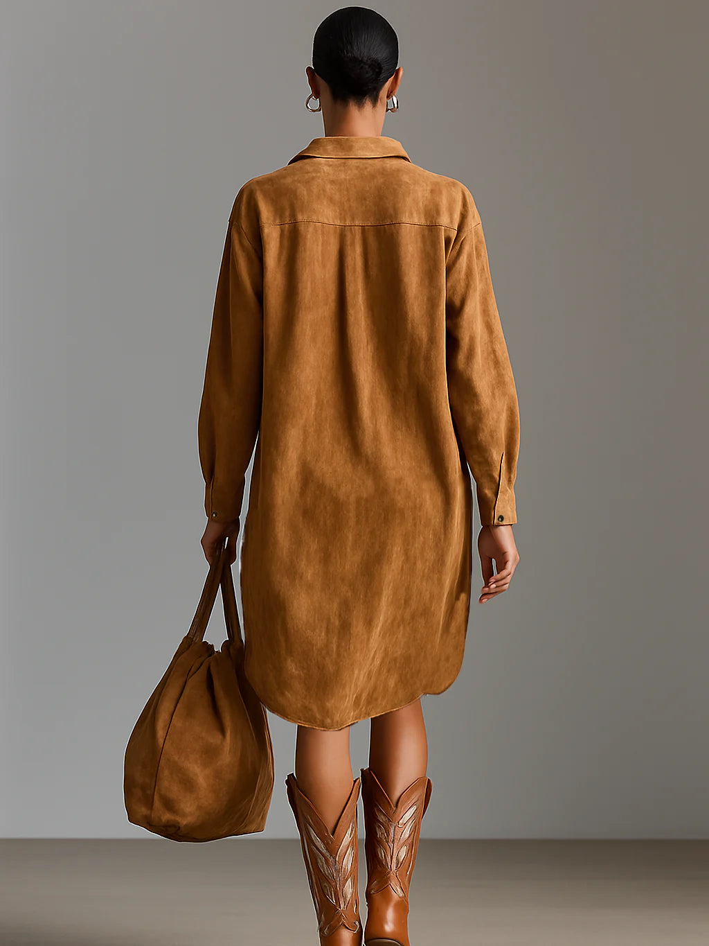 Loose lapel V-neck printed long-sleeved midi dress