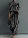 Women's turtleneck casual warm dark grey velvet suit