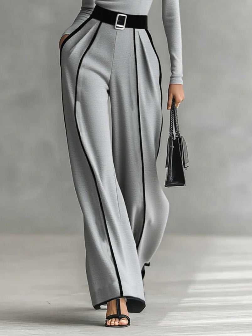 Black Trim High-neck Long-sleeved Top With Wide-leg Pants and Belt Set
