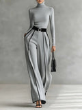 Black Trim High-neck Long-sleeved Top With Wide-leg Pants and Belt Set