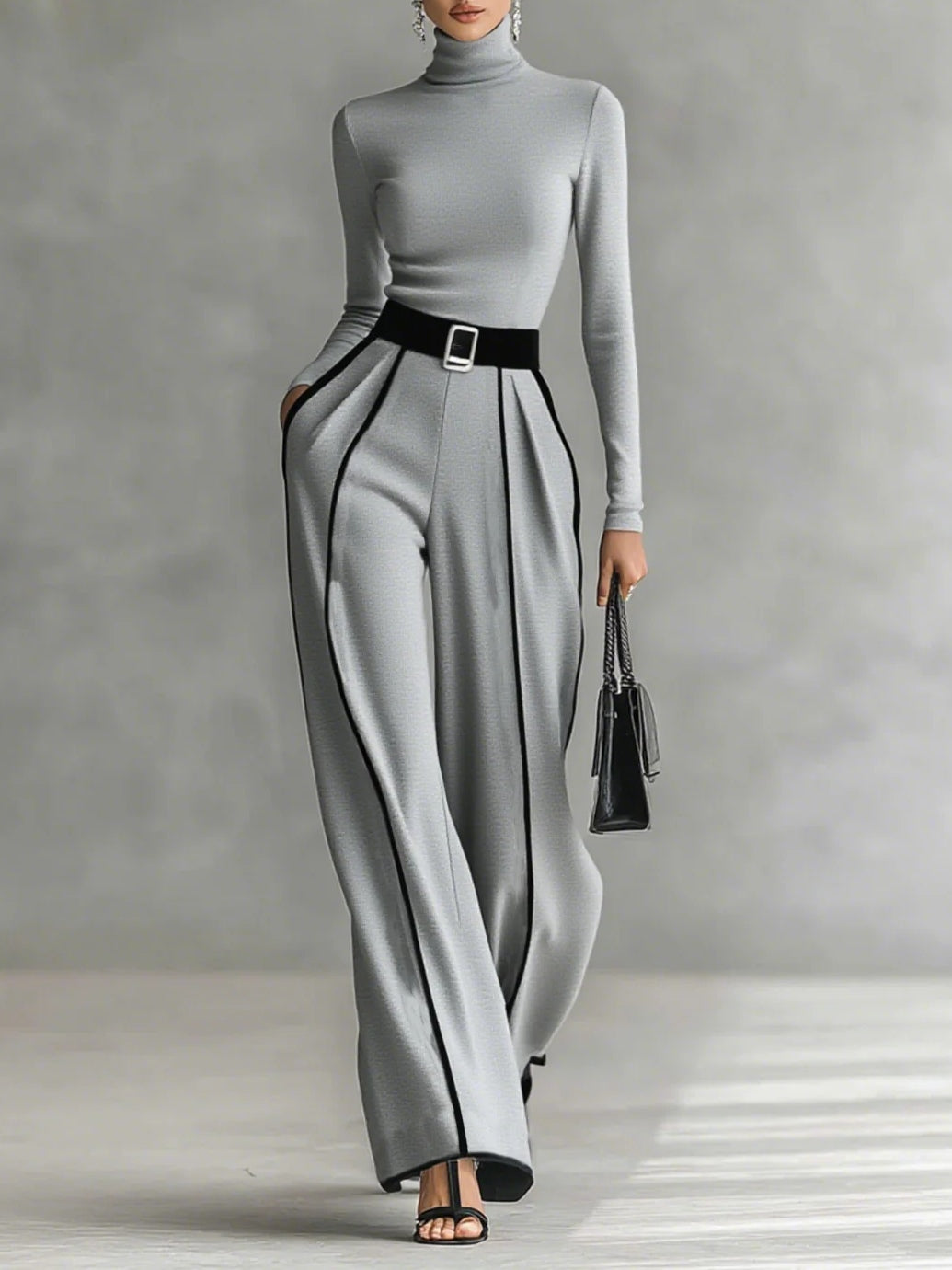 Black Trim High-neck Long-sleeved Top With Wide-leg Pants and Belt Set