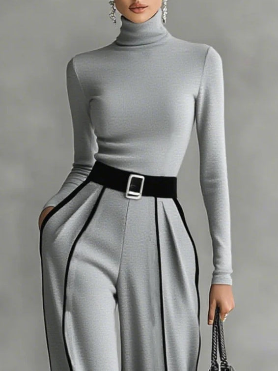 Black Trim High-neck Long-sleeved Top With Wide-leg Pants and Belt Set