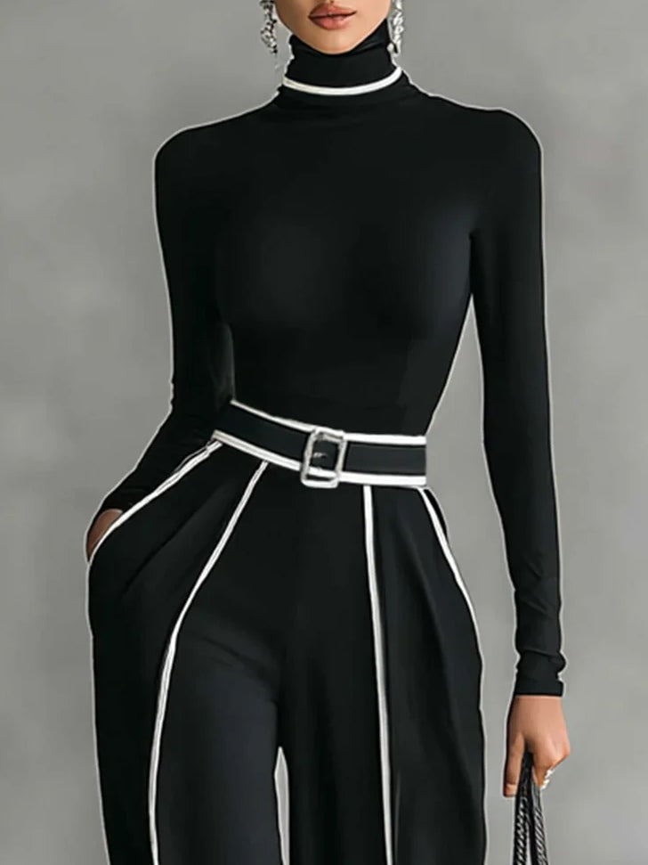 Solana™ - High Neck Long Sleeve Top and Wide Leg Pants Set with Belt