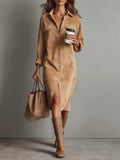 Brown Loose Faux Suede Double Chest Pocket Single-Breasted Midi Dress