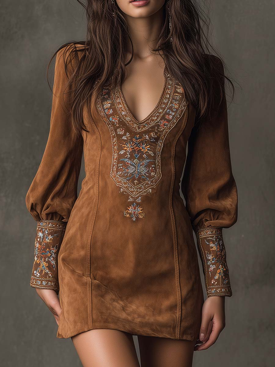 Lenora™ | Embroidered Suede Mini Dress in Purple