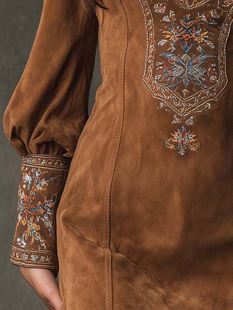 Lenora™ | Embroidered Suede Mini Dress in Purple