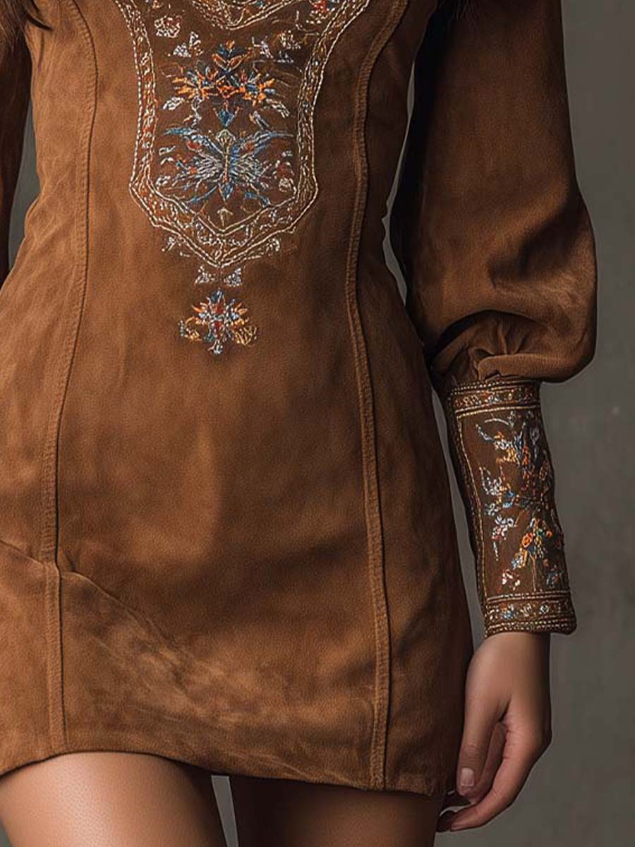 Lenora™ | Embroidered Suede Mini Dress in Purple