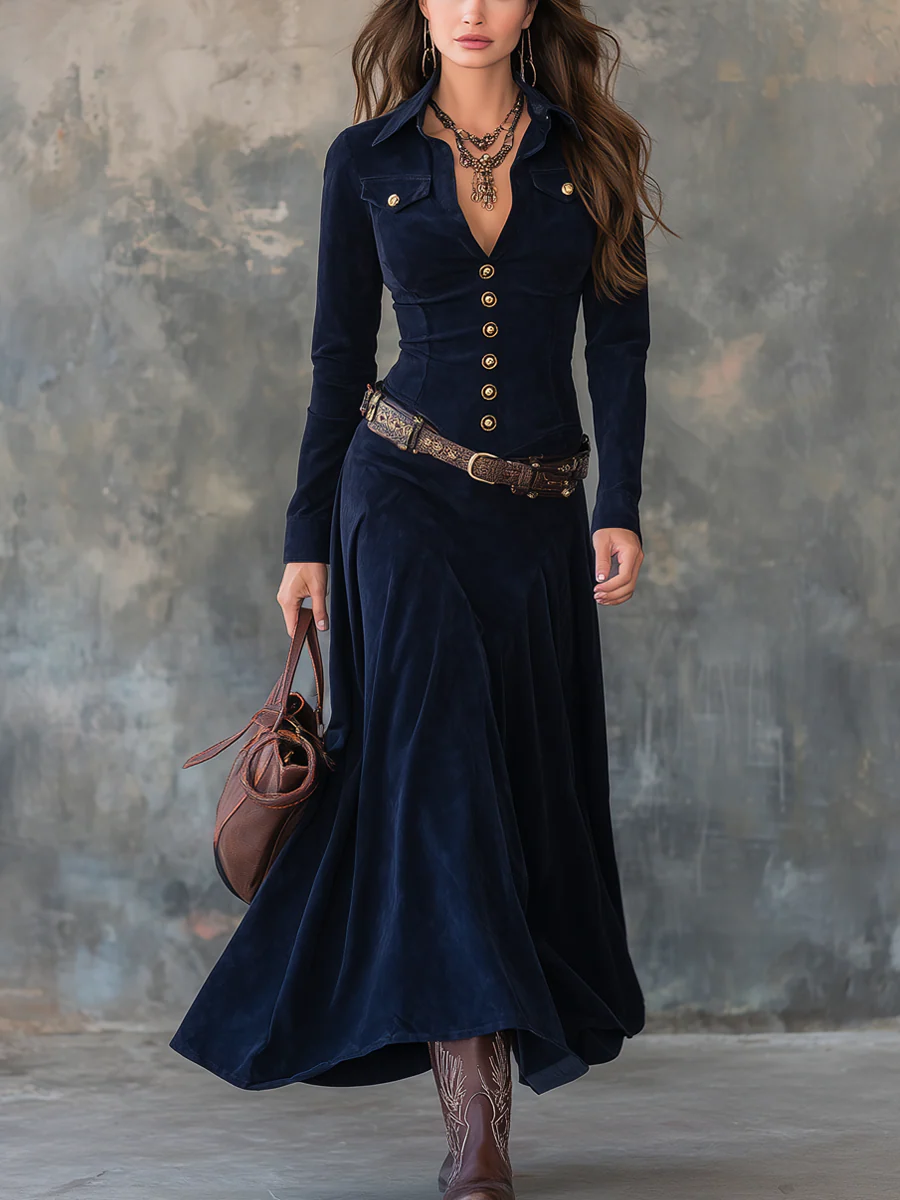 Diana │ Button-Detail Long Suede Dress