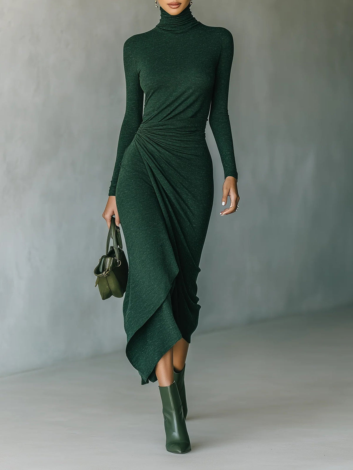 Lenora™ - Asymmetrical wrap midi dress with pleats and high collar in dark green