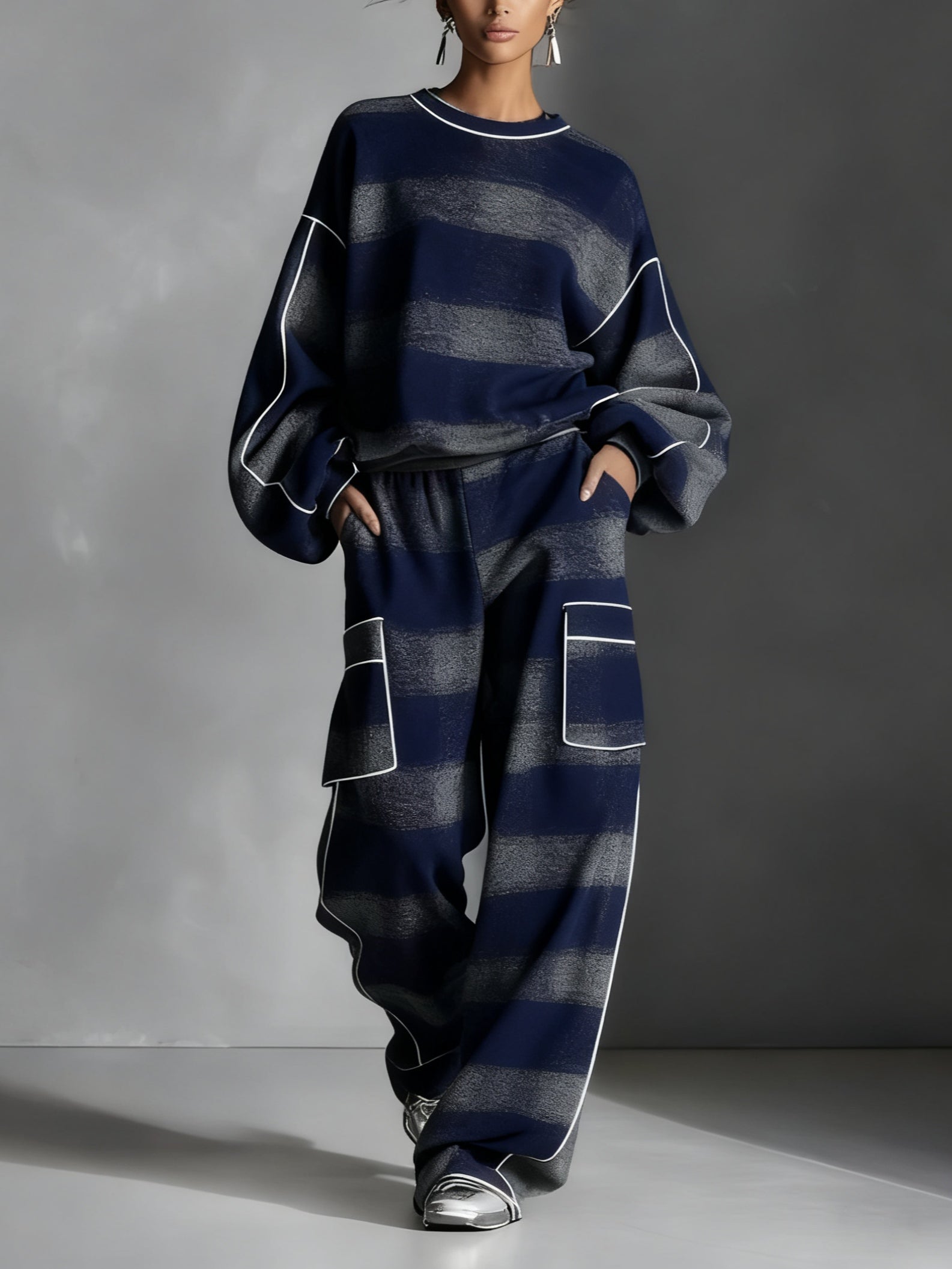 Blue and Grey Plaid Colour-blocked Sweatshirt and Casual Pants Two-piece set
