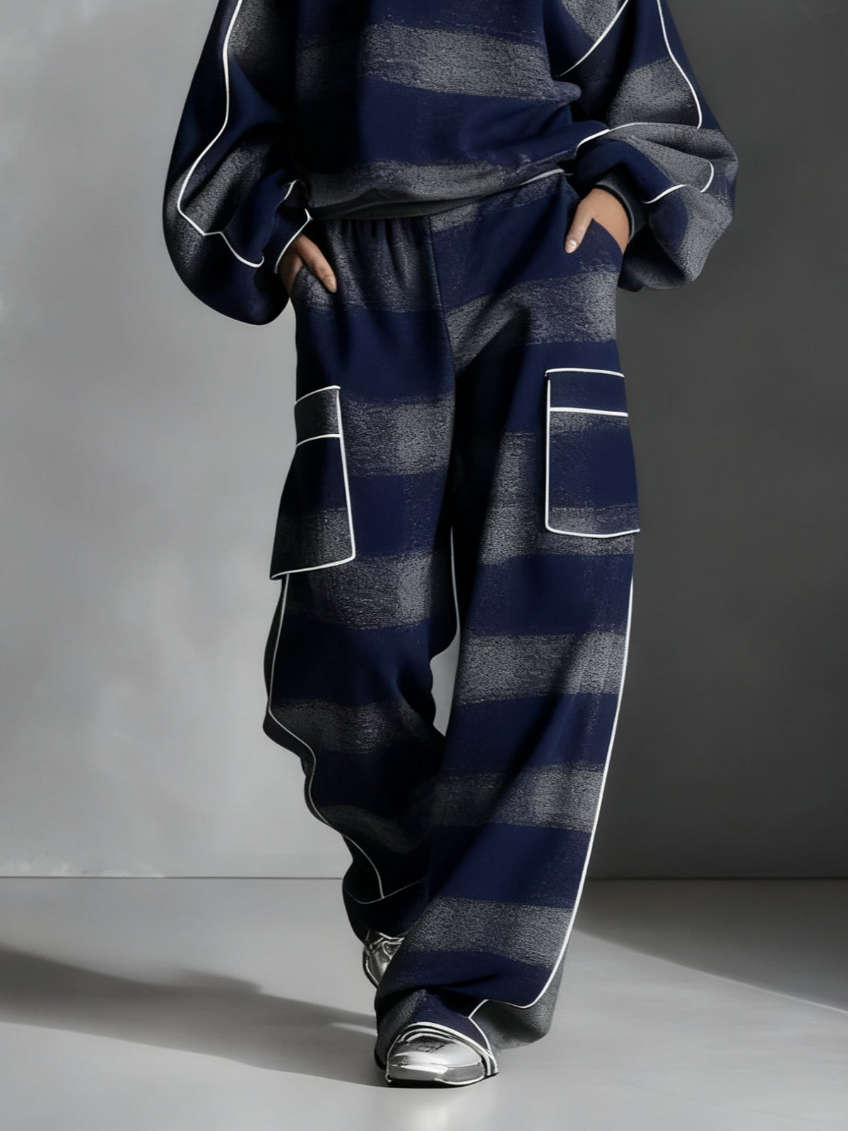 Blue and Grey Plaid Colour-blocked Sweatshirt and Casual Pants Two-piece set