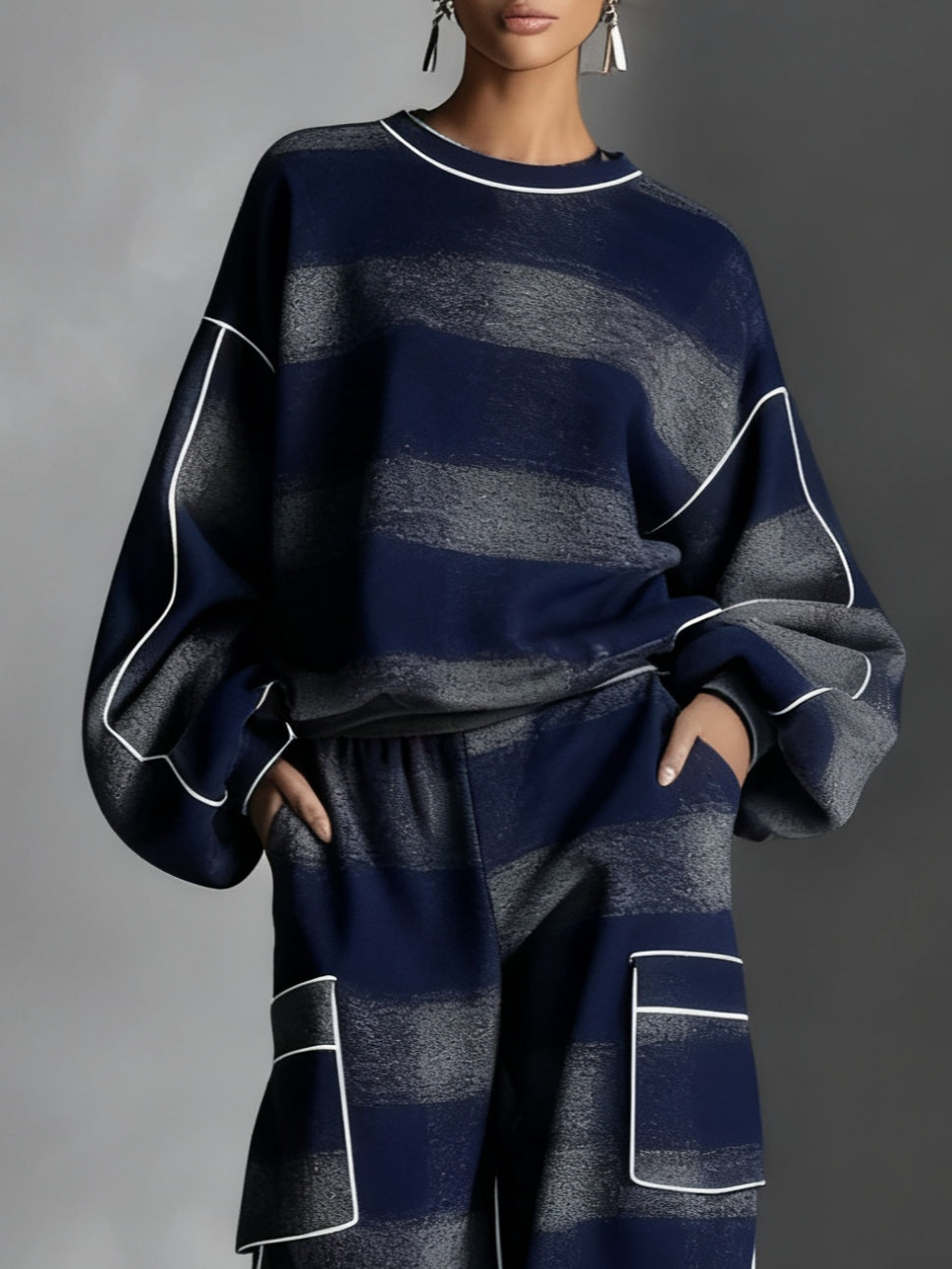 Blue and Grey Plaid Colour-blocked Sweatshirt and Casual Pants Two-piece set