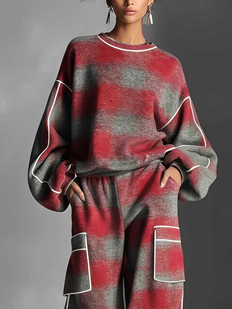Red and Grey Plaid Colour-blocked Sweatshirt and Casual Pants Two-piece set