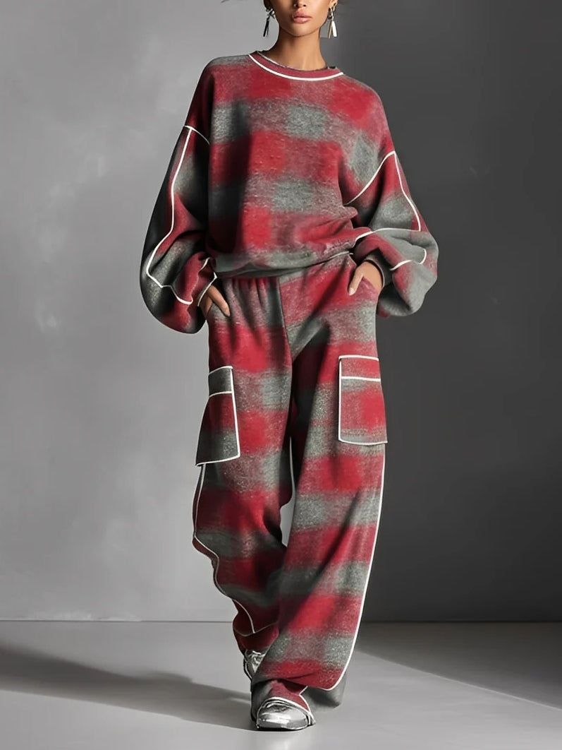 Red and Grey Plaid Colour-blocked Sweatshirt and Casual Pants Two-piece set