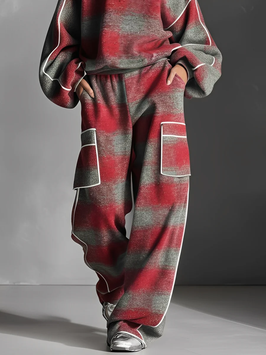 Red and Grey Plaid Colour-blocked Sweatshirt and Casual Pants Two-piece set