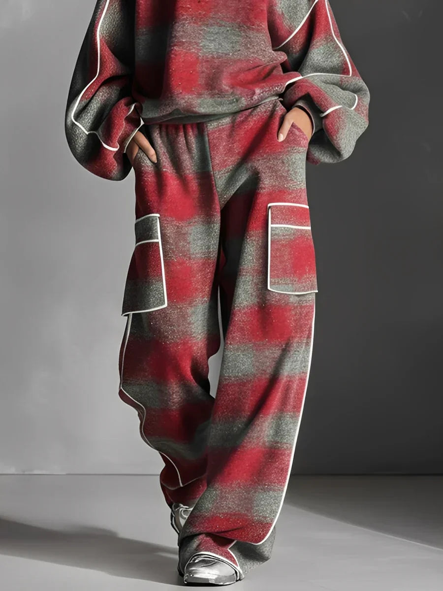 Black and Grey Plaid Colour-blocked Sweatshirt and Casual Pants Two-piece set