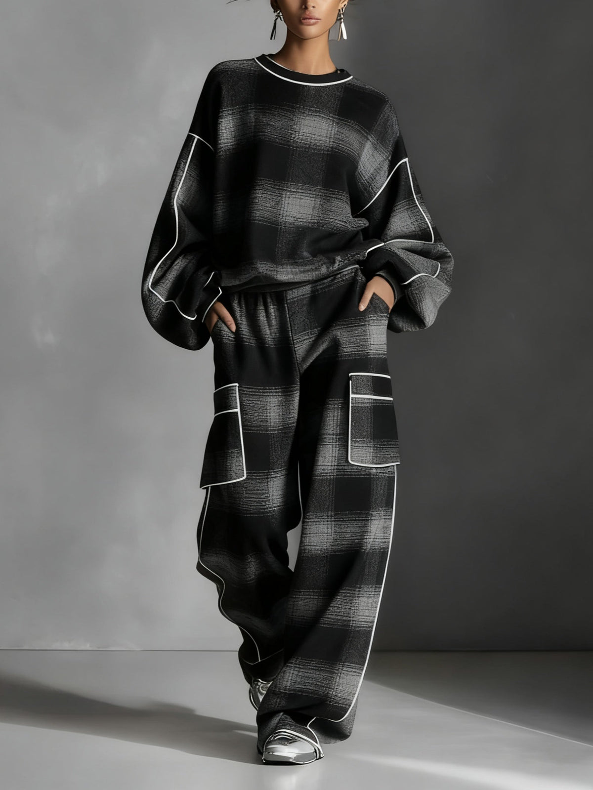 Black and Grey Plaid Colour-blocked Sweatshirt and Casual Pants Two-piece set