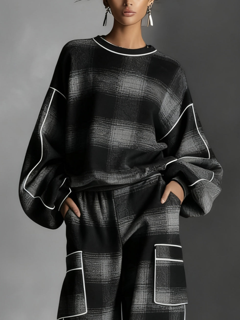 Black and Grey Plaid Colour-blocked Sweatshirt and Casual Pants Two-piece set