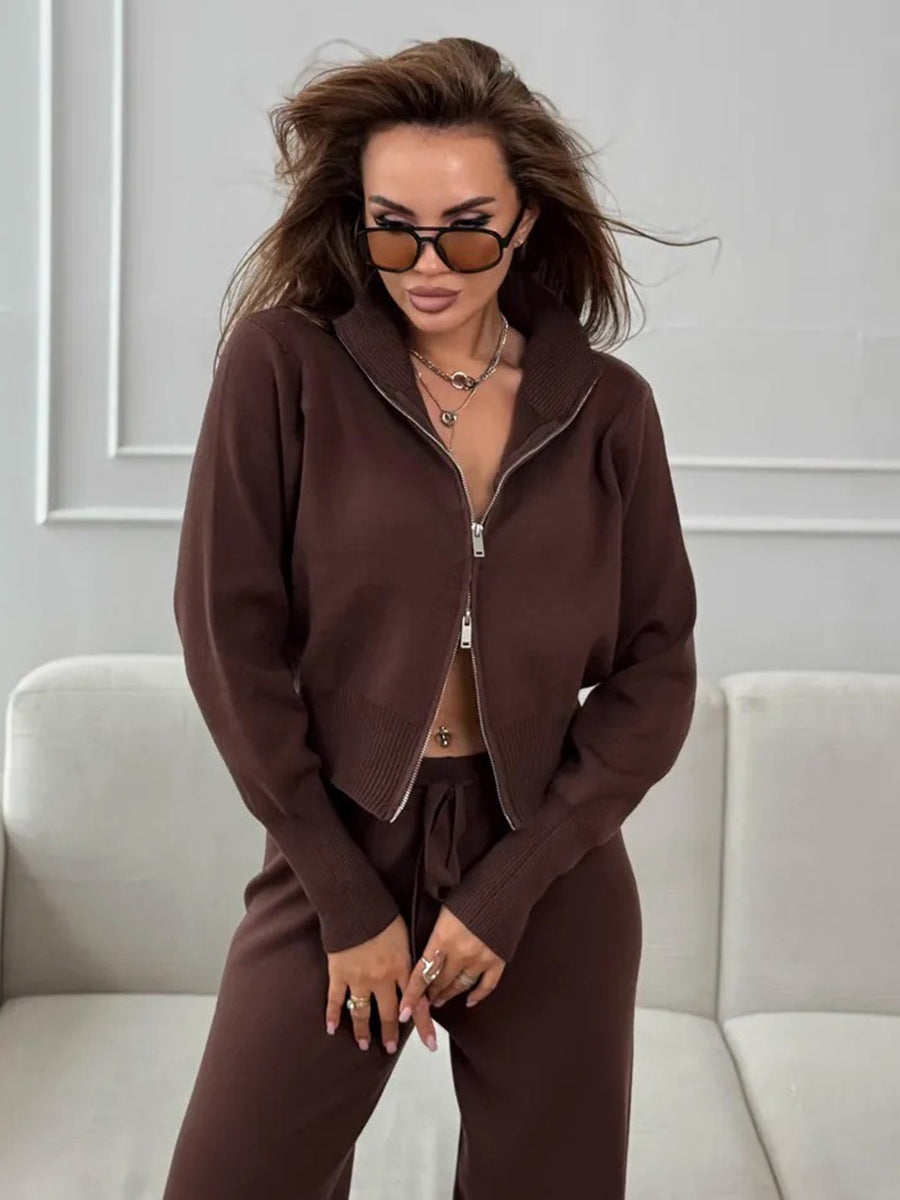 Knit 2 Piece Set – Drawstring Wide Leg Pants with Zip Jacket Top