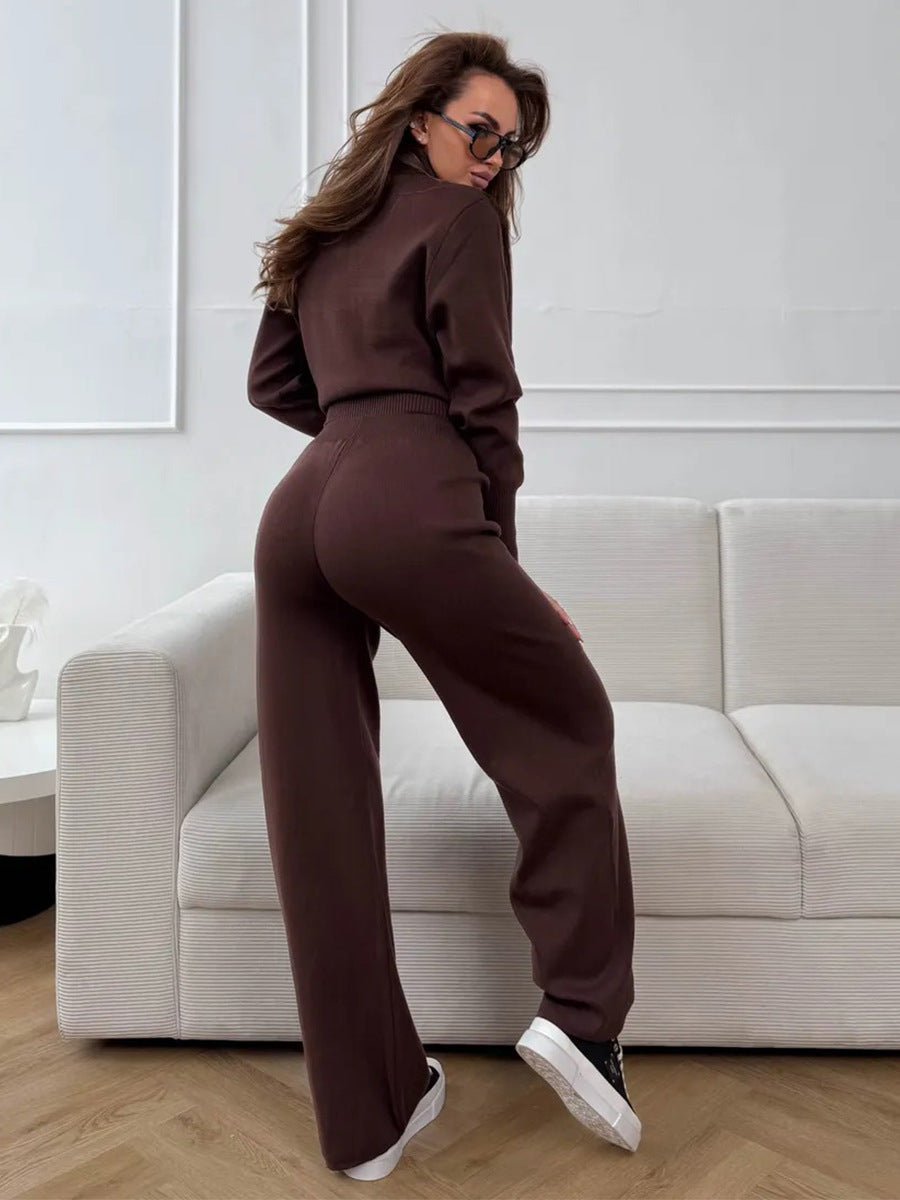 Knit 2 Piece Set – Drawstring Wide Leg Pants with Zip Jacket Top