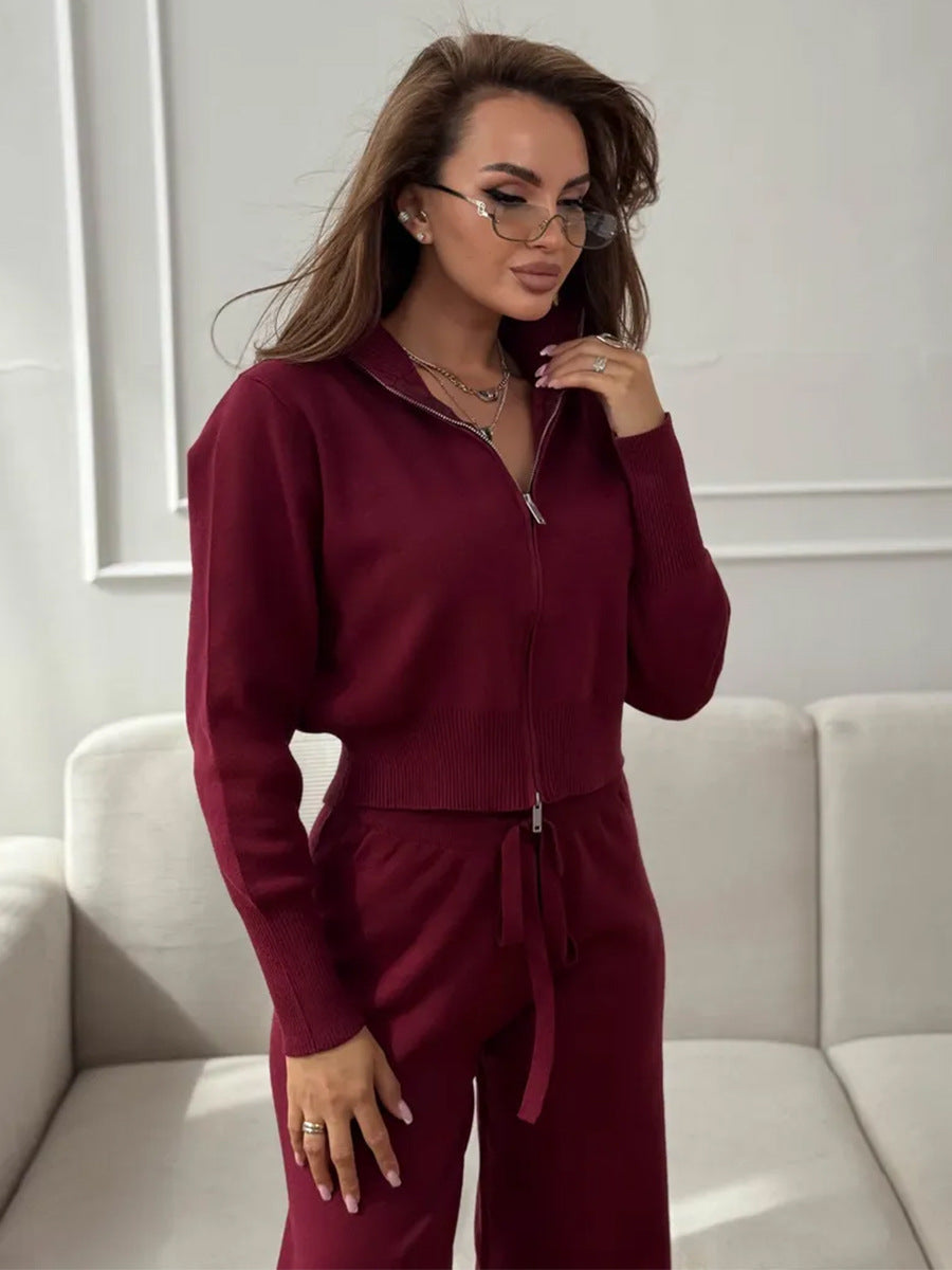 Knit 2 Piece Set – Drawstring Wide Leg Pants with Zip Jacket Top