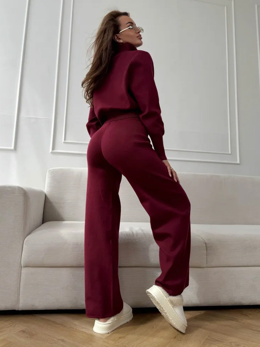 Knit 2 Piece Set – Drawstring Wide Leg Pants with Zip Jacket Top