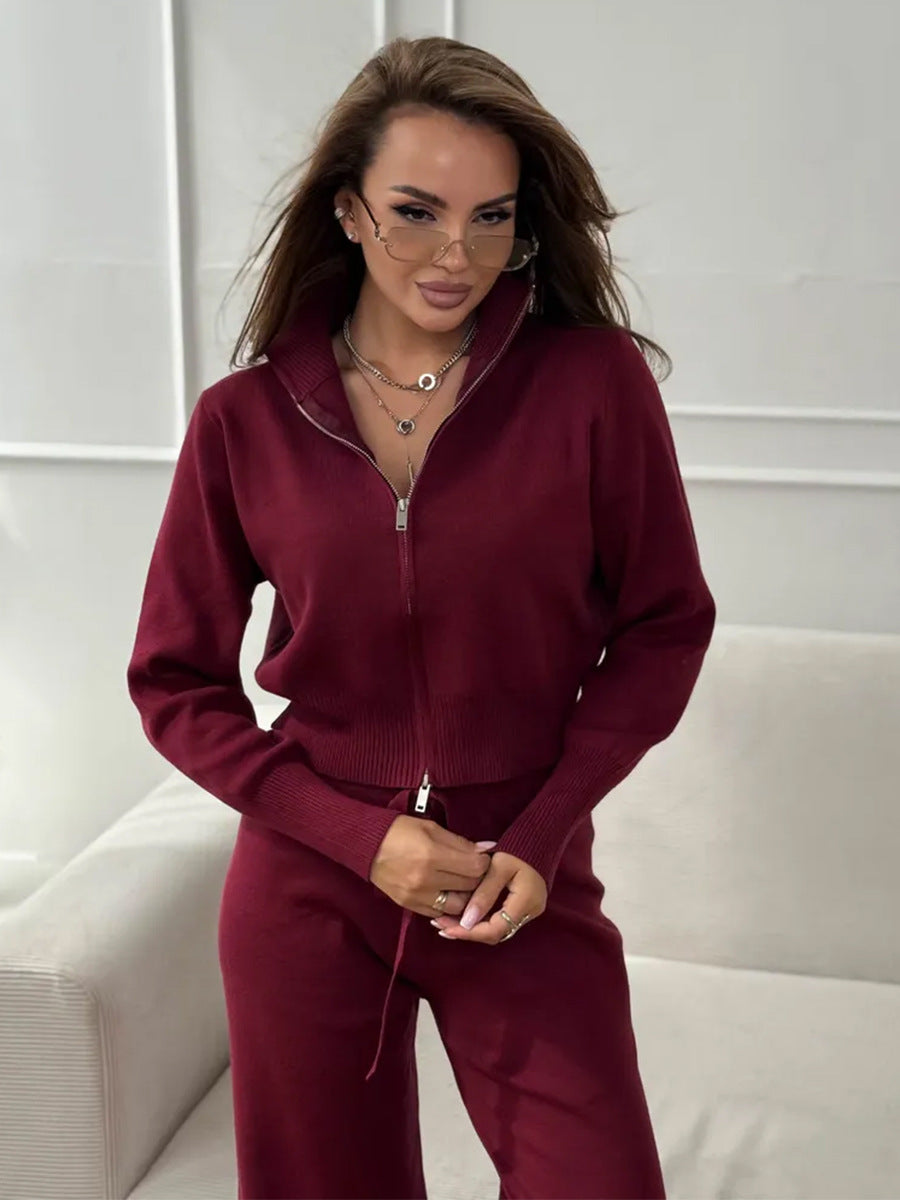 Knit 2 Piece Set – Drawstring Wide Leg Pants with Zip Jacket Top