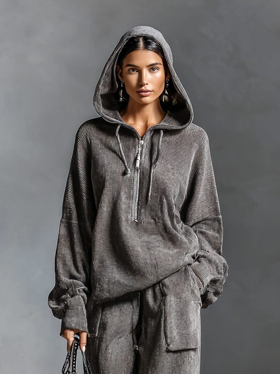 Women's Casual Corduroy Hooded Sweatshirt Straight Pants Set