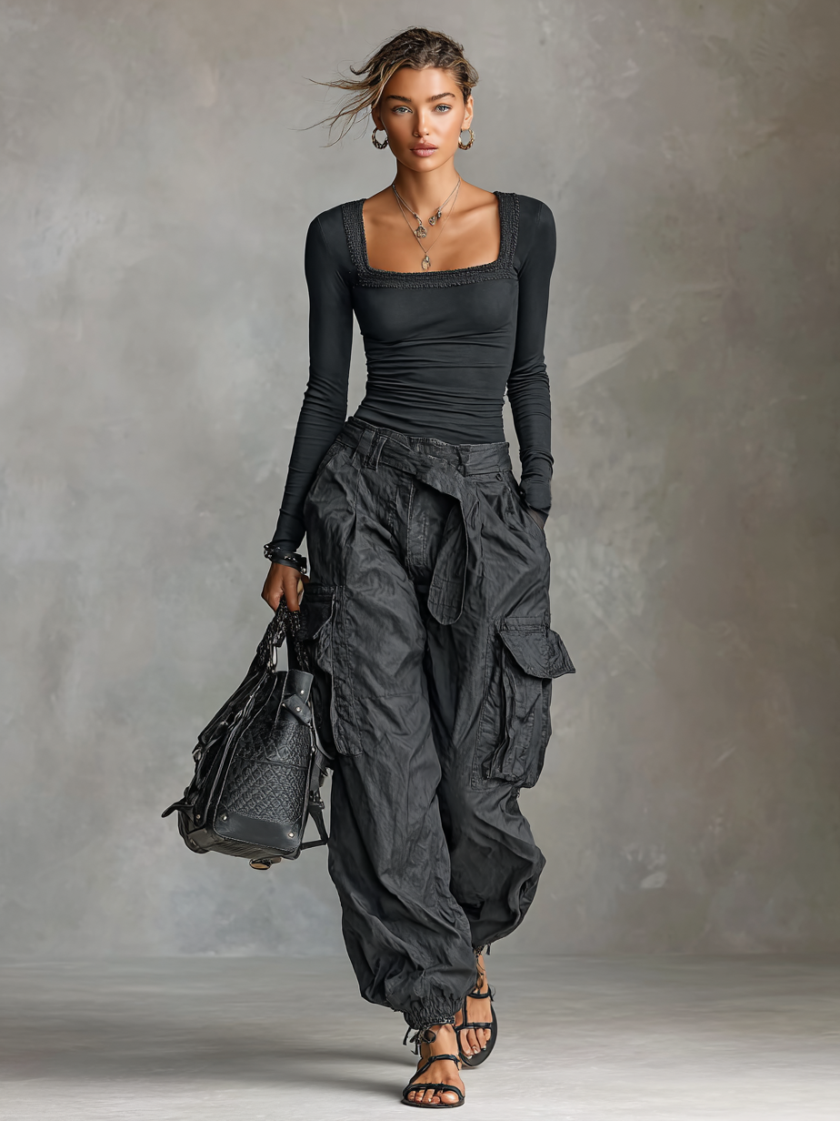 Square Neck Long Sleeve T-Shirt Cargo Pants Two-Piece Set
