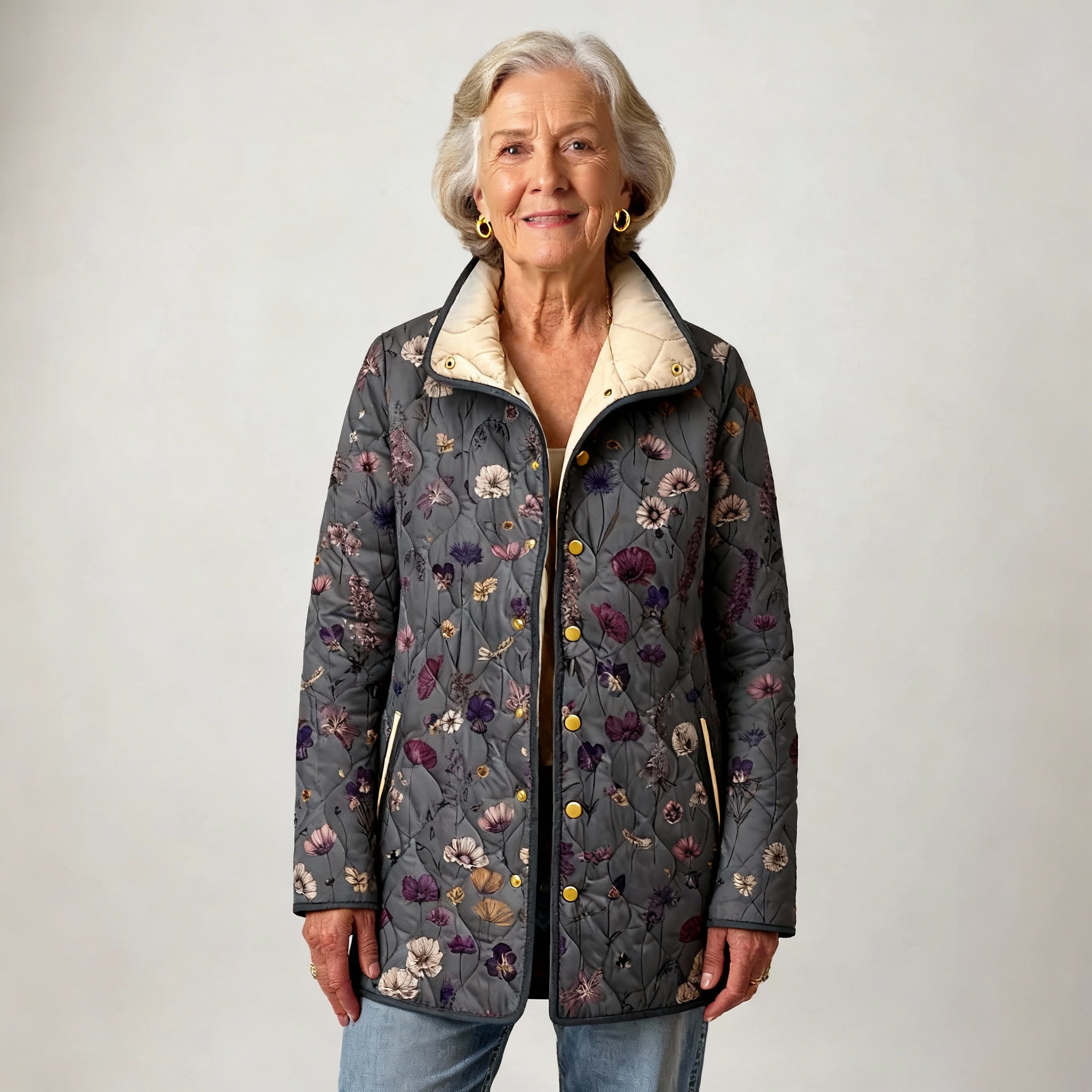 Elle | Women's Vintage Floral Print Casual Quilted Jacket