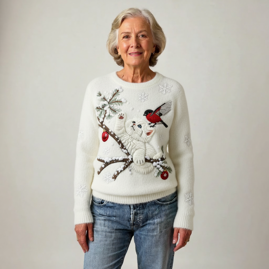 Flannel Sweatshirt with Cute Cat Print for Women
