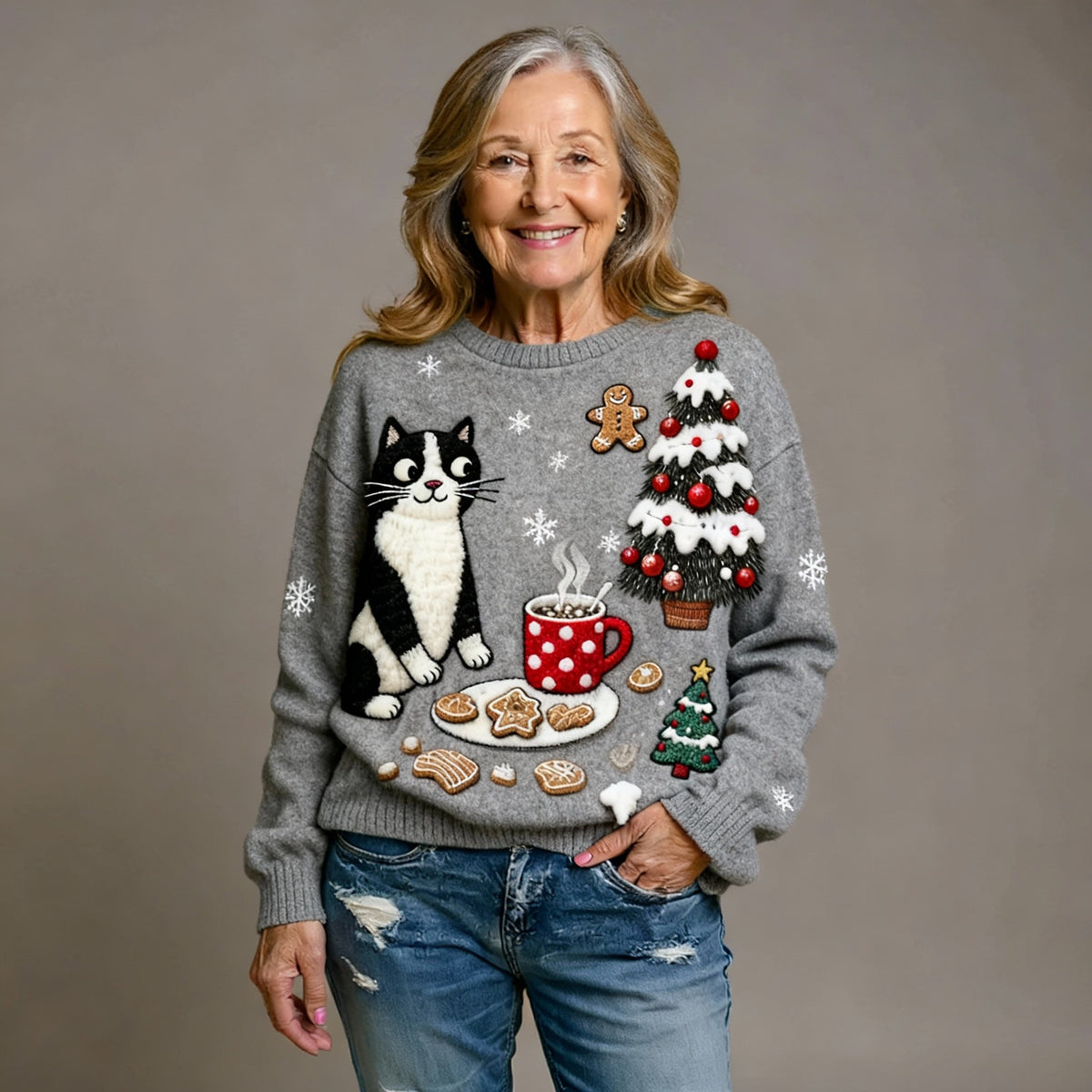 Comfortable Flannel Sweatshirt with Retro Christmas Animal Art Print for Women